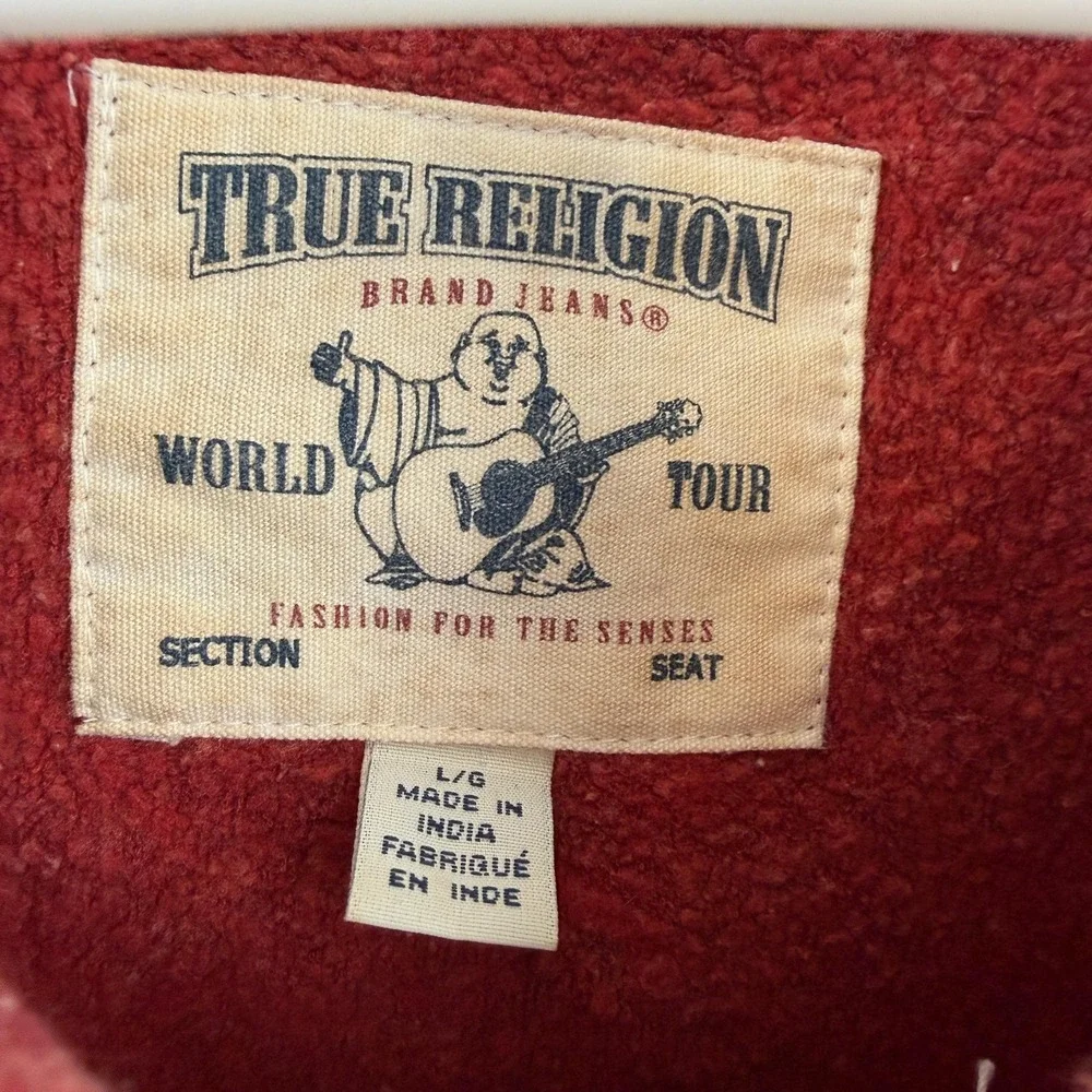True Religion Hoodie Mens Large Red Full Zip Fleece Big T Logo Sweatshirt